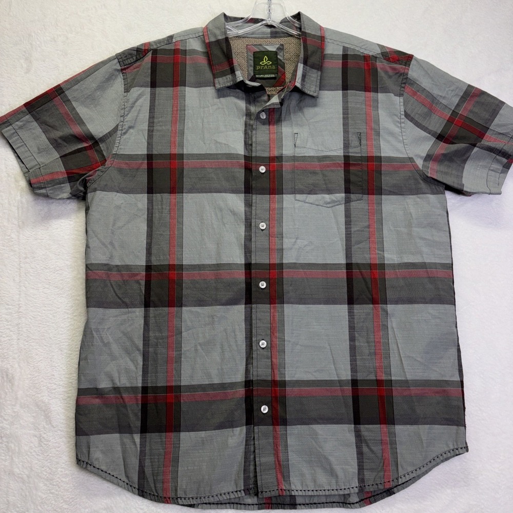 prAna Shirt Mens 2XL Grey Red Plaid Short Sleeve Button Front Outdoors